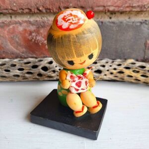 Vintage Kokeshi Wooden Girl with a Strawberry Fabric Wrapped Gift Figurine